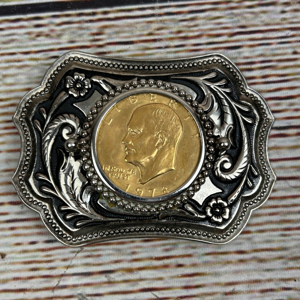 Vintage 1978 Eisenhower Dollar Coin Belt Buckle Western Scroll Silver Gold Tone